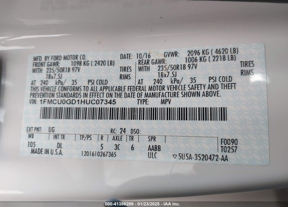 2017 FORD ESCAPE SE VIN: 1FMCU0GD1HUC07345