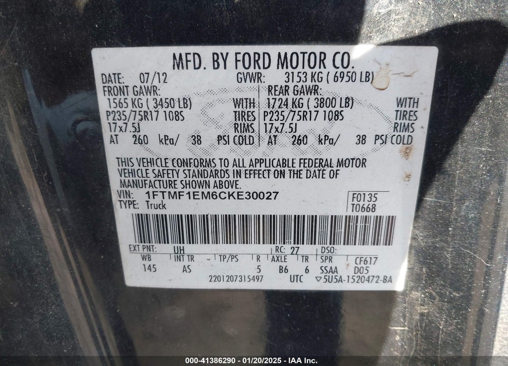 2012 FORD F-150 VIN: 1FTMF1EM6CKE30027