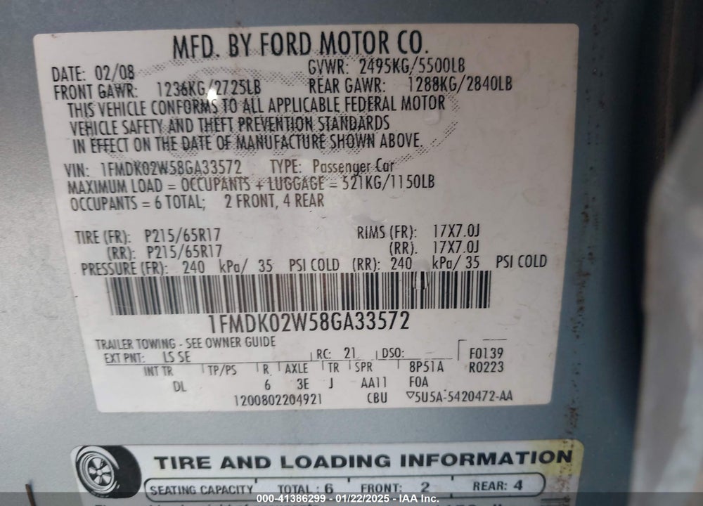 2008 FORD TAURUS X SEL VIN: 1FMDK02W58GA33572