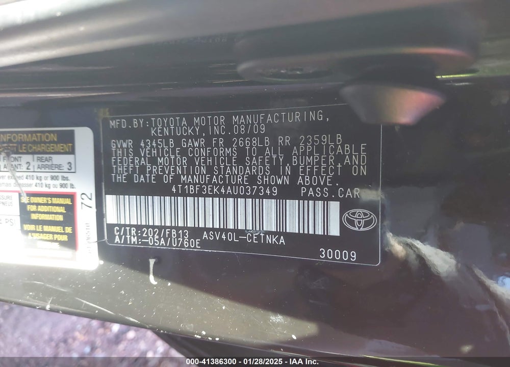 2010 TOYOTA CAMRY VIN: 4T1BF3EK4AU037349