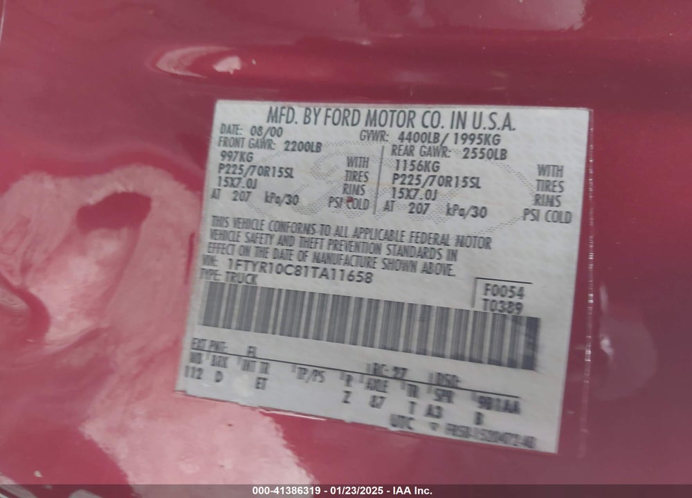 2001 FORD RANGER XL/XLT VIN: 1FTYR10C81TA11658