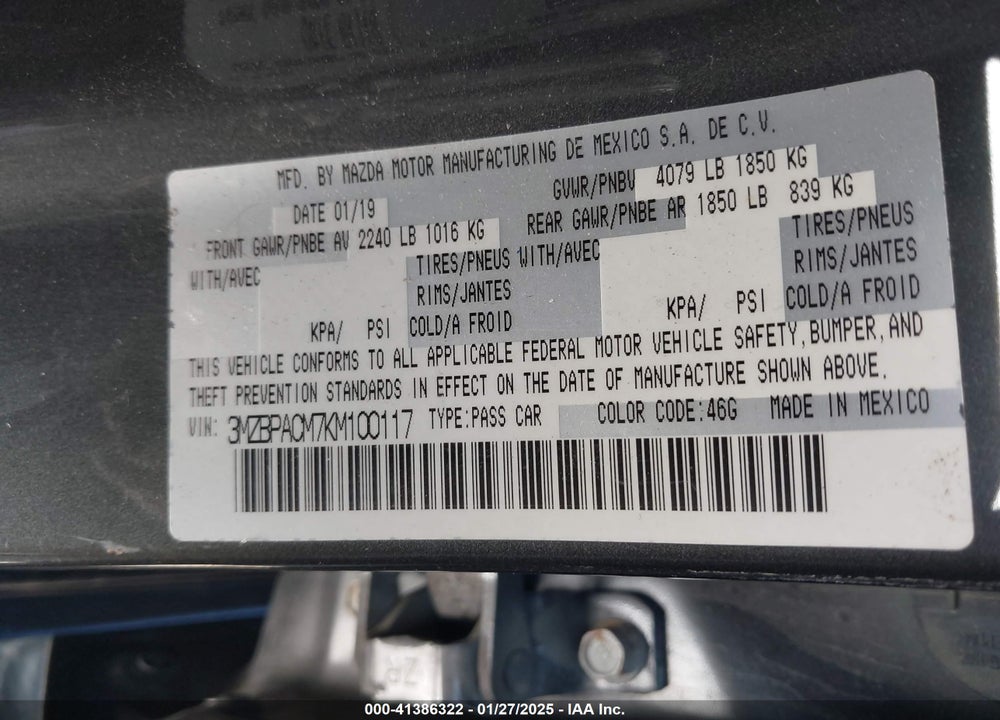2019 MAZDA MAZDA3 VIN: 3MZBPACM7KM100117