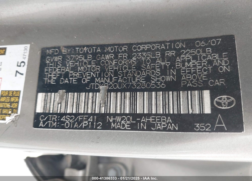 2007 TOYOTA PRIUS VIN: JTDKB20UX73280536