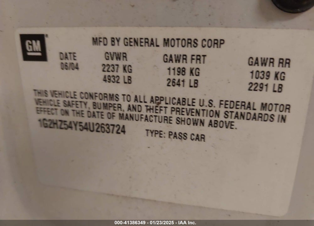 2004 PONTIAC BONNEVILLE GXP VIN: 1G2HZ54Y54U263724