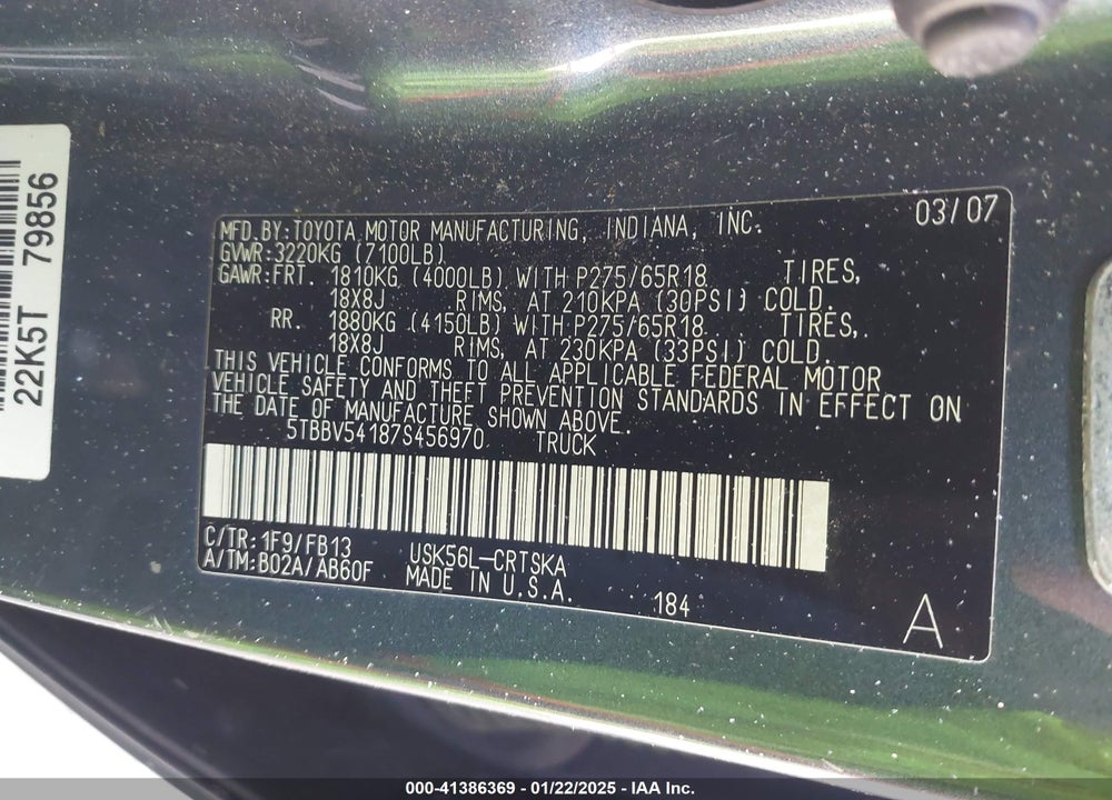 2007 TOYOTA TUNDRA SR5 5.7L V8 VIN: 5TBBV54187S456970