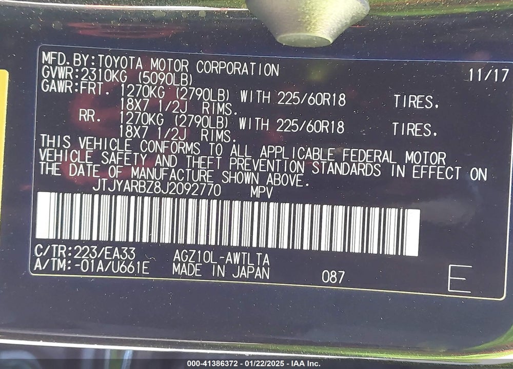 2018 LEXUS NX 300 VIN: JTJYARBZ8J2092770
