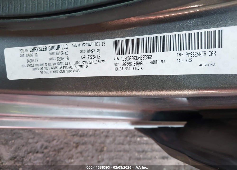 2013 DODGE AVENGER VIN: 1C3CDZBG3DN585962