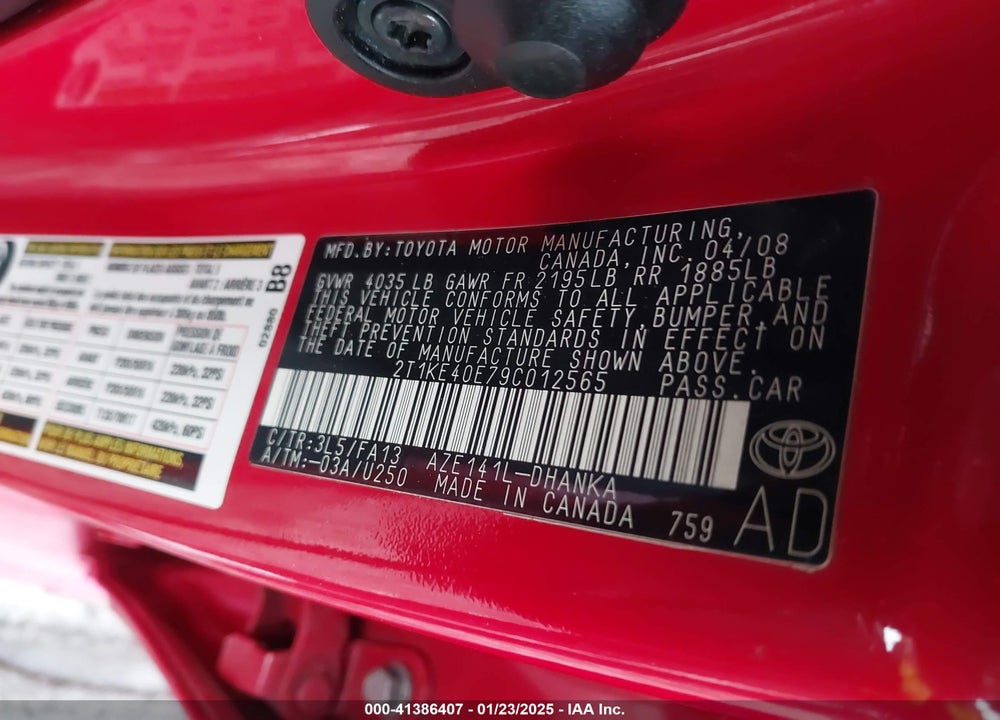 2009 TOYOTA MATRIX S VIN: 2T1KE40E79C012565