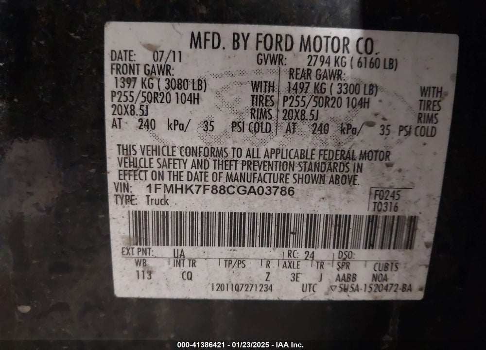 2012 FORD EXPLORER LIMITED VIN: 1FMHK7F88CGA03786