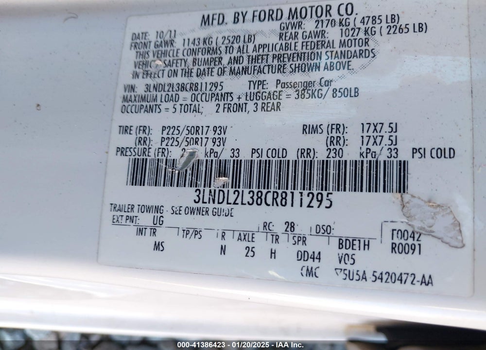 2012 LINCOLN MKZ HYBRID VIN: 3LNDL2L38CR811295
