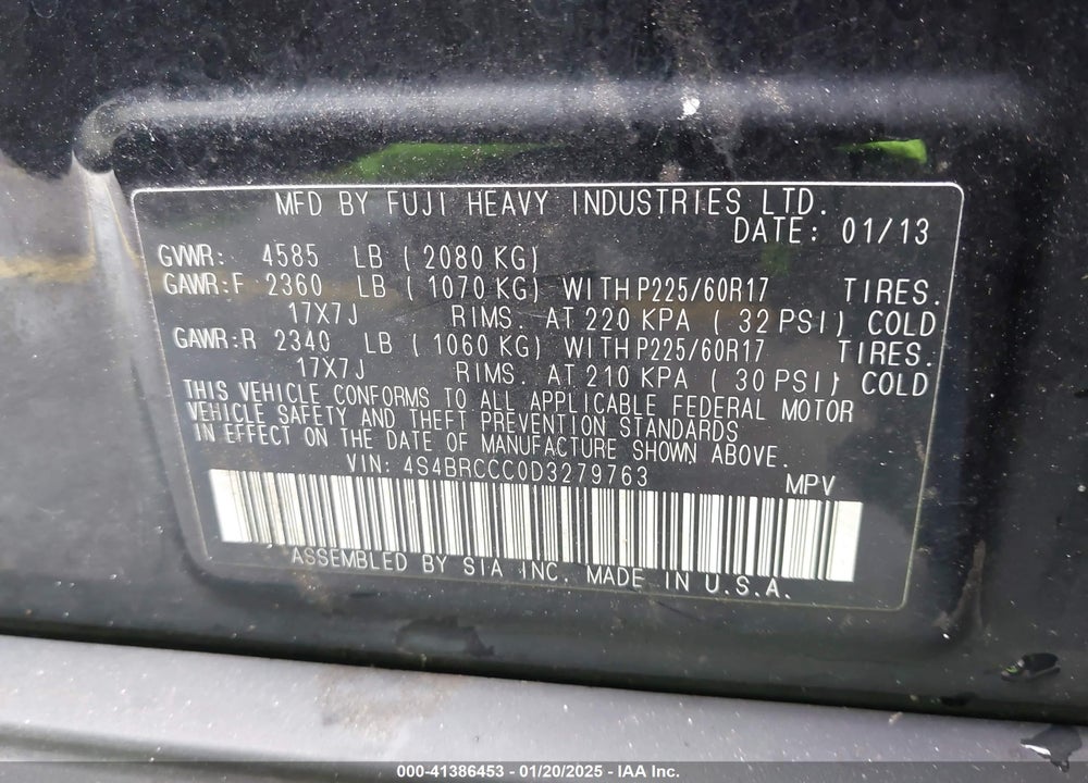 2013 SUBARU OUTBACK 2.5I PREMIUM VIN: 4S4BRCCC0D3279763