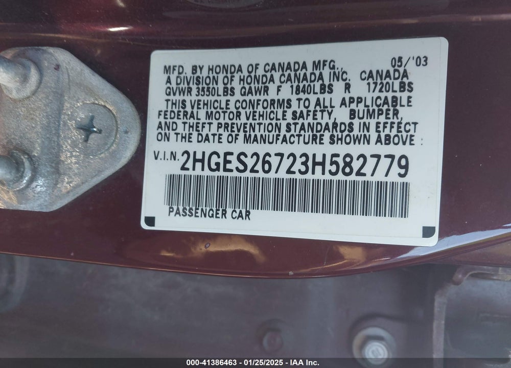 2003 HONDA CIVIC EX VIN: 2HGES26723H582779