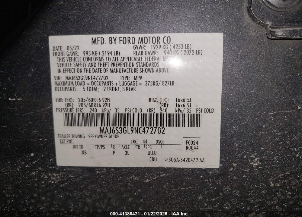 2022 FORD ECOSPORT SE VIN: MAJ6S3GL9NC472702