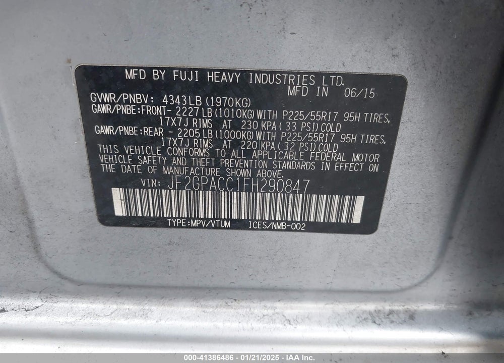 2015 SUBARU XV CROSSTREK 2.0I PREMIUM VIN: JF2GPACC1FH290847