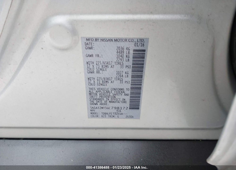 2016 NISSAN ROGUE S/SL/SV VIN: 5N1AT2MT5GC798172