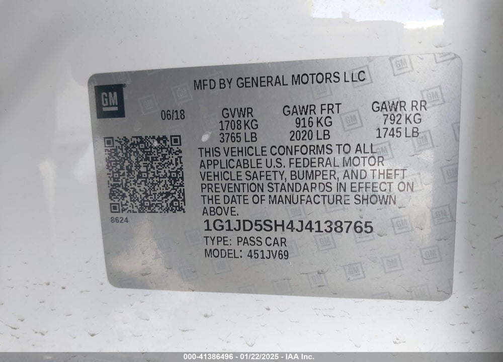 2018 CHEVROLET SONIC VIN: 1G1JD5SH4J4138765