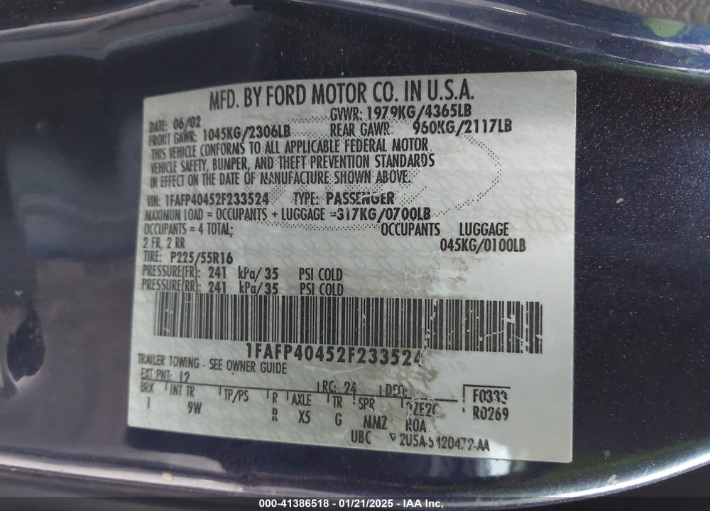 2002 FORD MUSTANG VIN: 1FAFP40452F233524