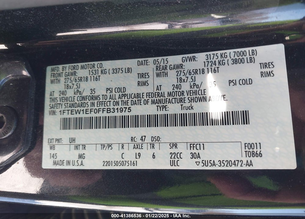 2015 FORD F-150 VIN: 1FTEW1EF0FFB31975