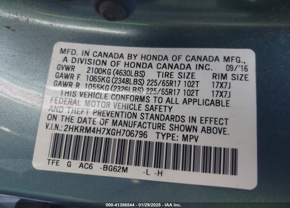 2016 HONDA CR-V EX-L VIN: 2HKRM4H7XGH706796