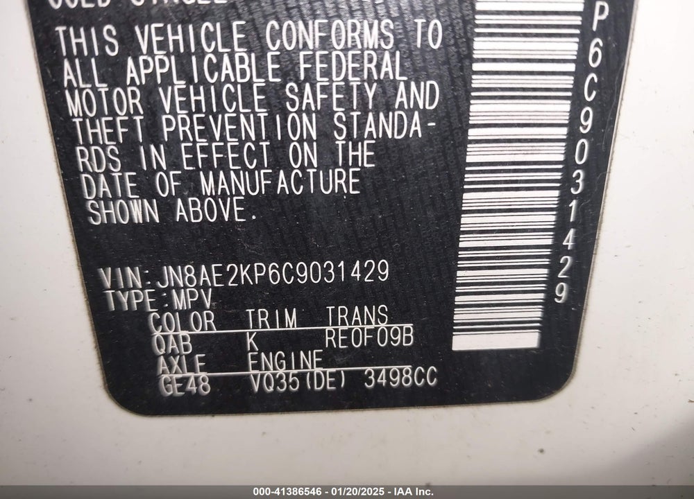 2012 NISSAN QUEST S VIN: JN8AE2KP6C9031429