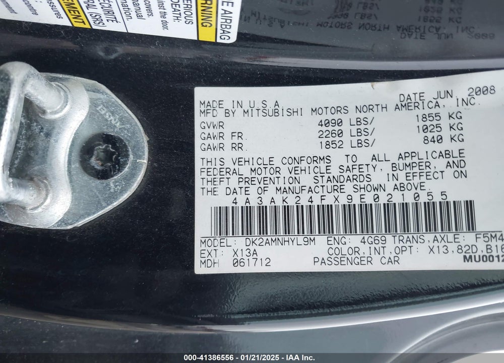 2009 MITSUBISHI ECLIPSE GS VIN: 4A3AK24FX9E021055