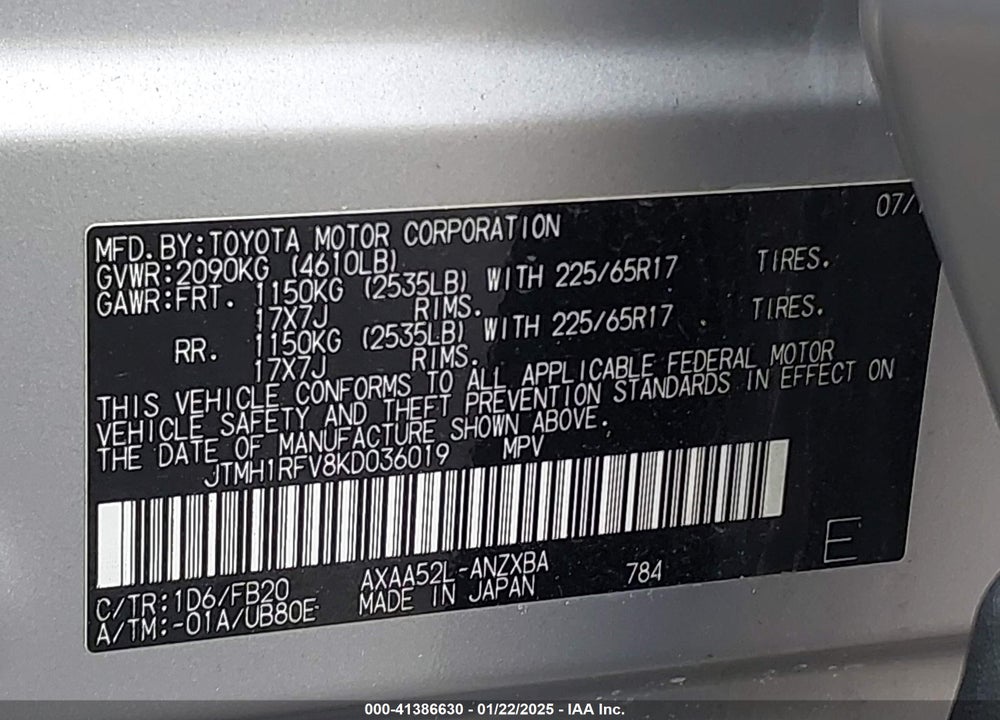 2019 TOYOTA RAV4 LE VIN: JTMH1RFV8KD036019