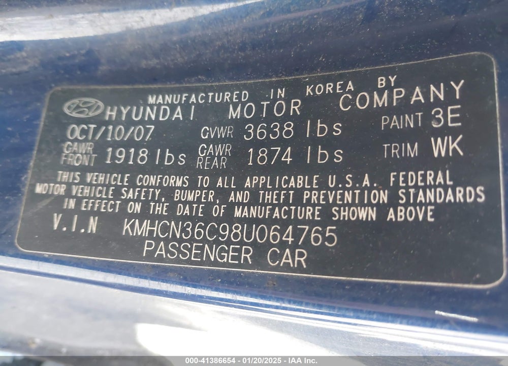 2008 HYUNDAI ACCENT VIN: KMHCN36C98U064765