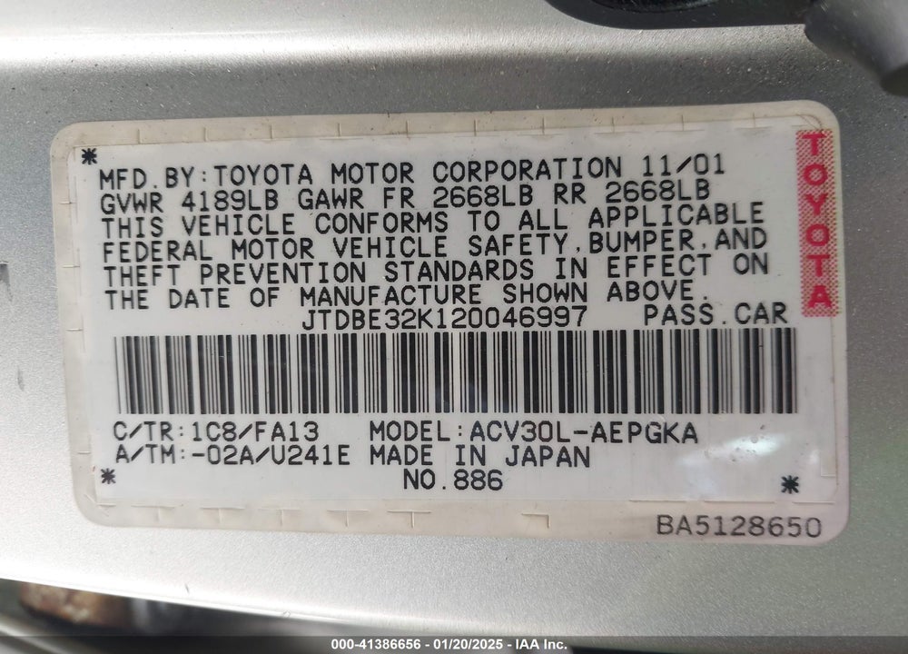 2002 TOYOTA CAMRY XLE VIN: JTDBE32K120046997