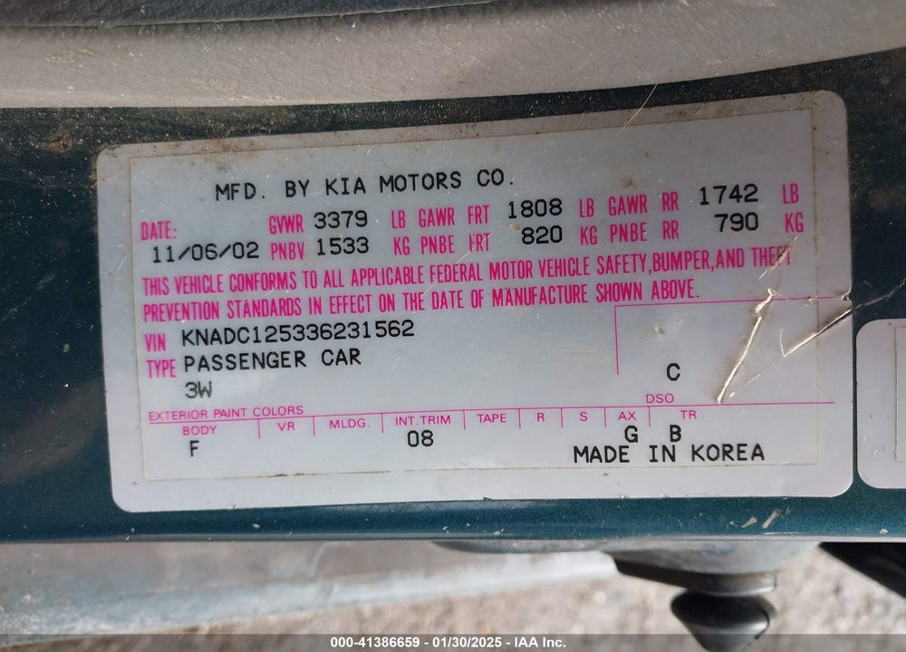 2003 KIA RIO VIN: KNADC125336231562