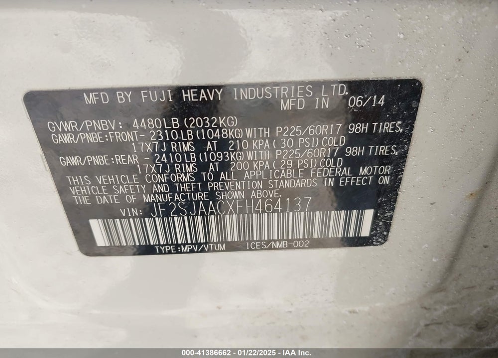 2015 SUBARU FORESTER 2.5I VIN: JF2SJAACXFH464137