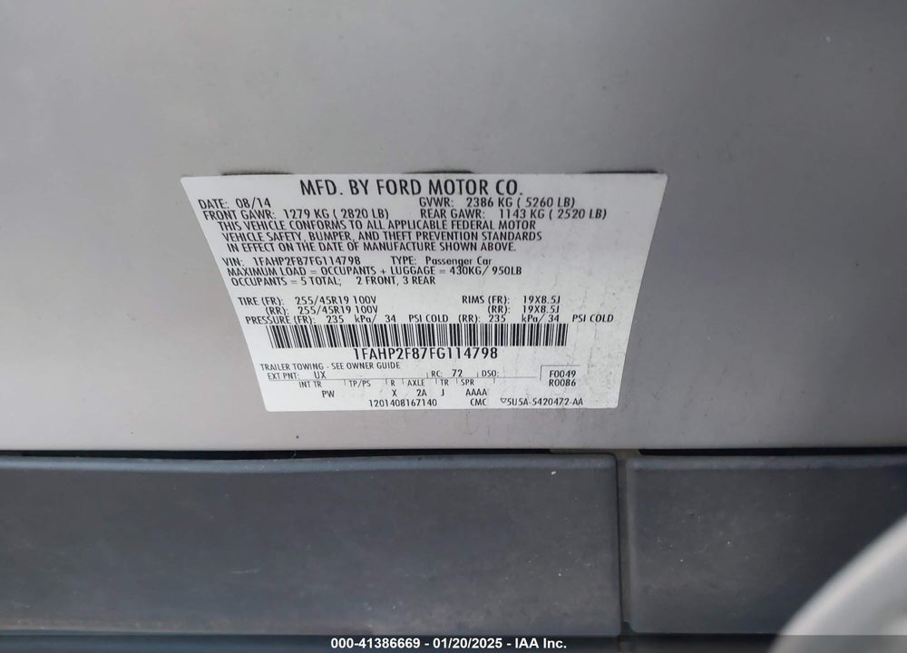 2015 FORD TAURUS VIN: 1FAHP2F87FG114798