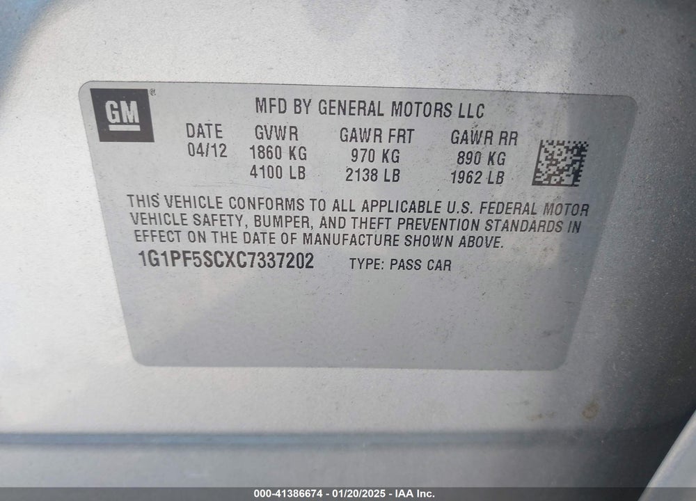 2012 CHEVROLET CRUZE 1LT VIN: 1G1PF5SCXC7337202