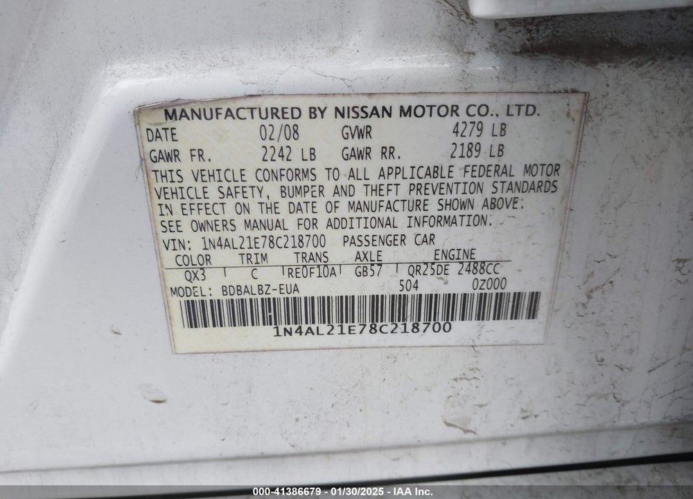 2008 NISSAN ALTIMA 2.5 S VIN: 1N4AL21E78C218700