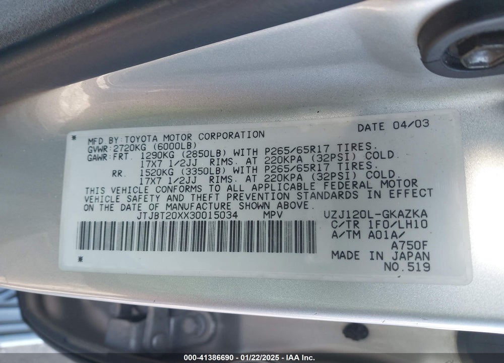 2003 LEXUS GX 470 VIN: JTJBT20XX30015034