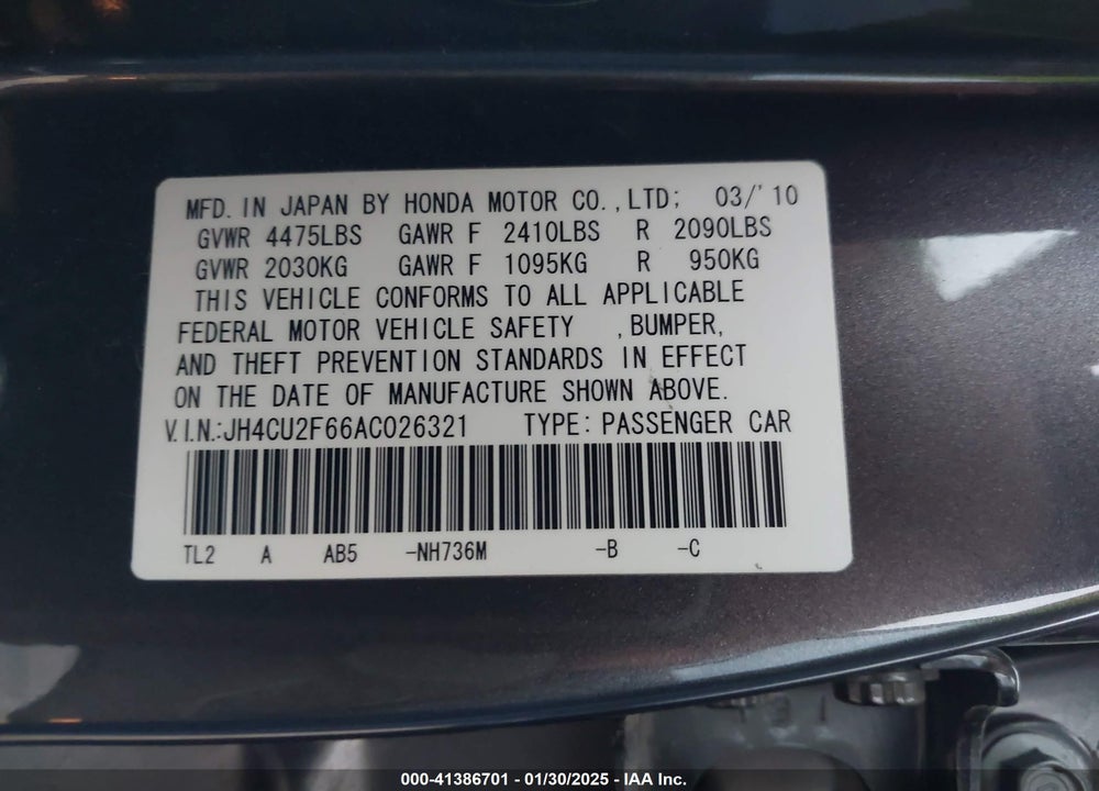 2010 ACURA TSX 2.4/2.4 (A5) VIN: JH4CU2F66AC026321