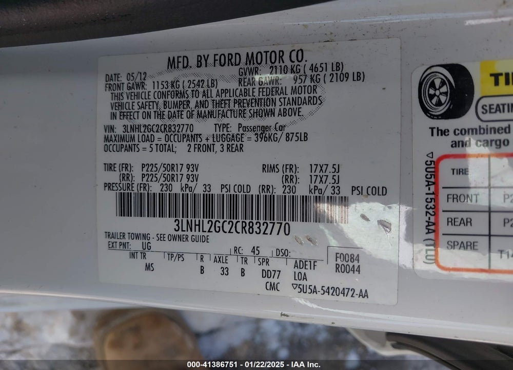 2012 LINCOLN MKZ VIN: 3LNHL2GC2CR832770