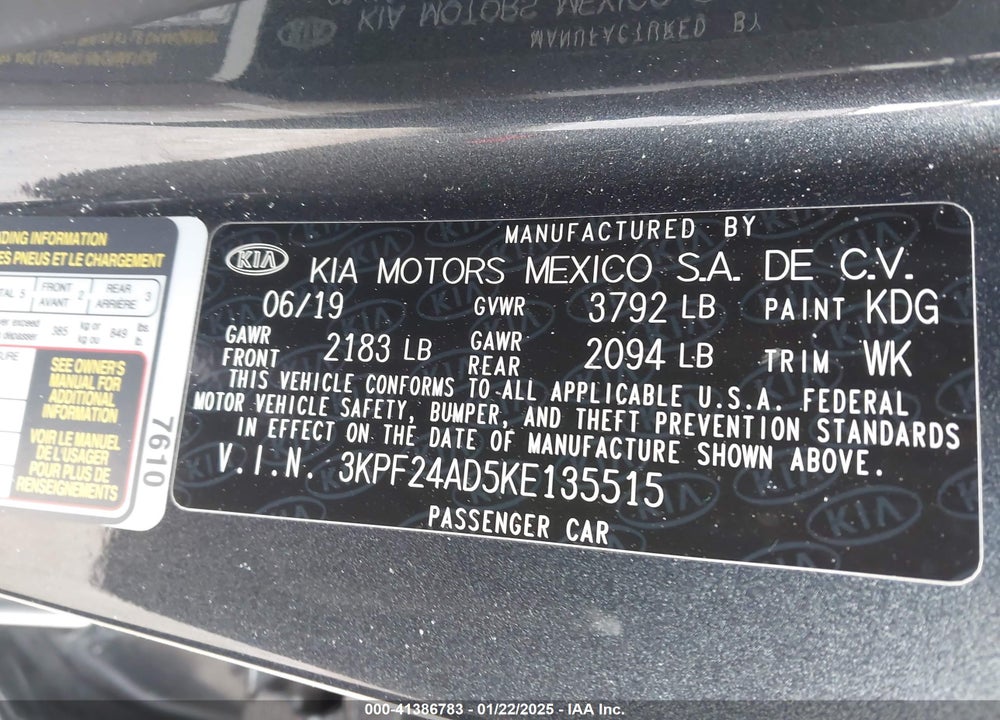 2019 KIA FORTE VIN: 3KPF24AD5KE135515