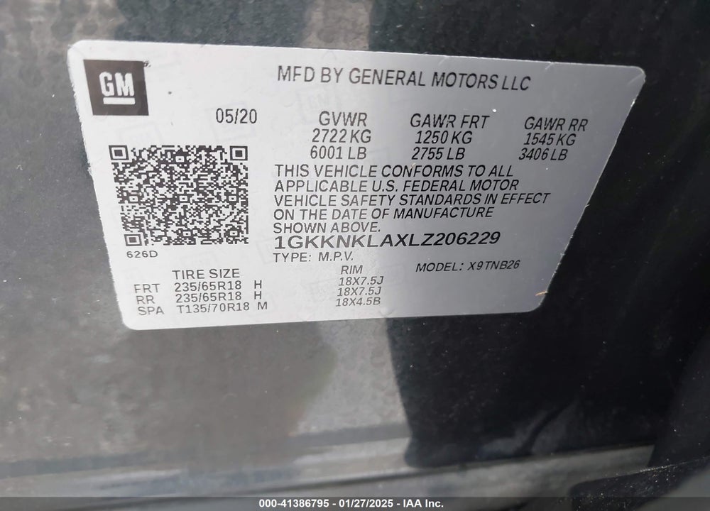 2020 GMC ACADIA FWD SLE VIN: 1GKKNKLAXLZ206229