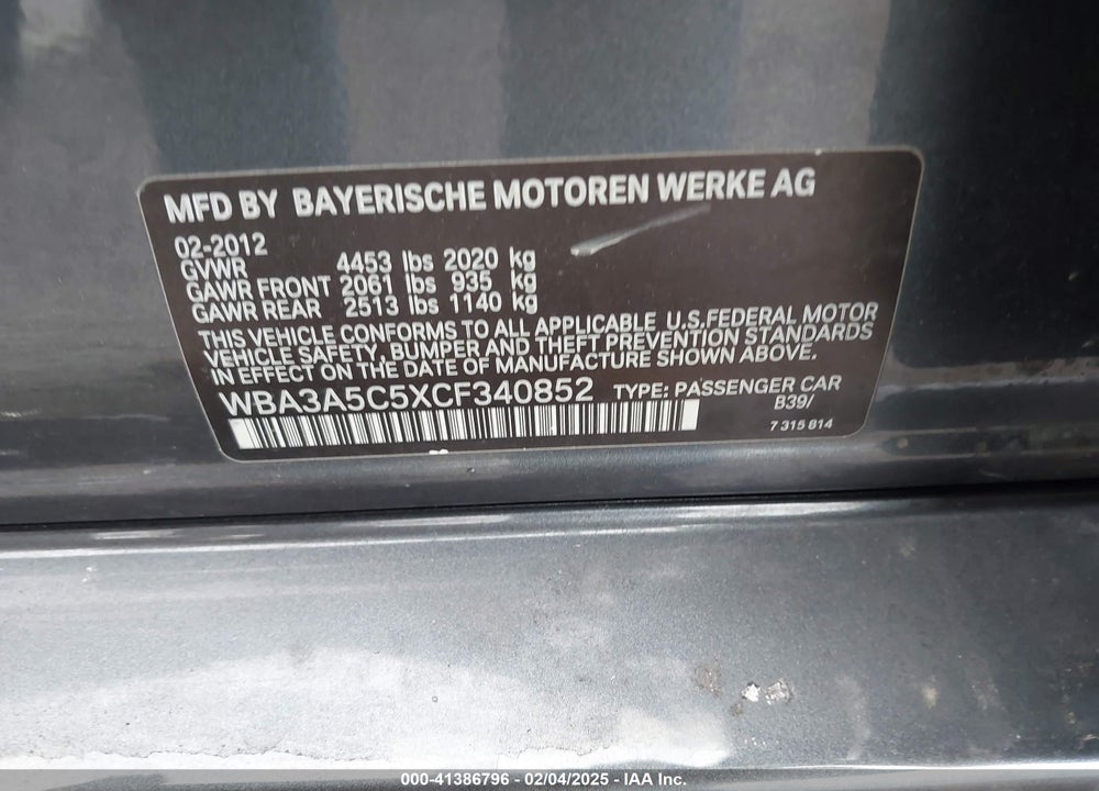 2012 BMW 328I VIN: WBA3A5C5XCF340852