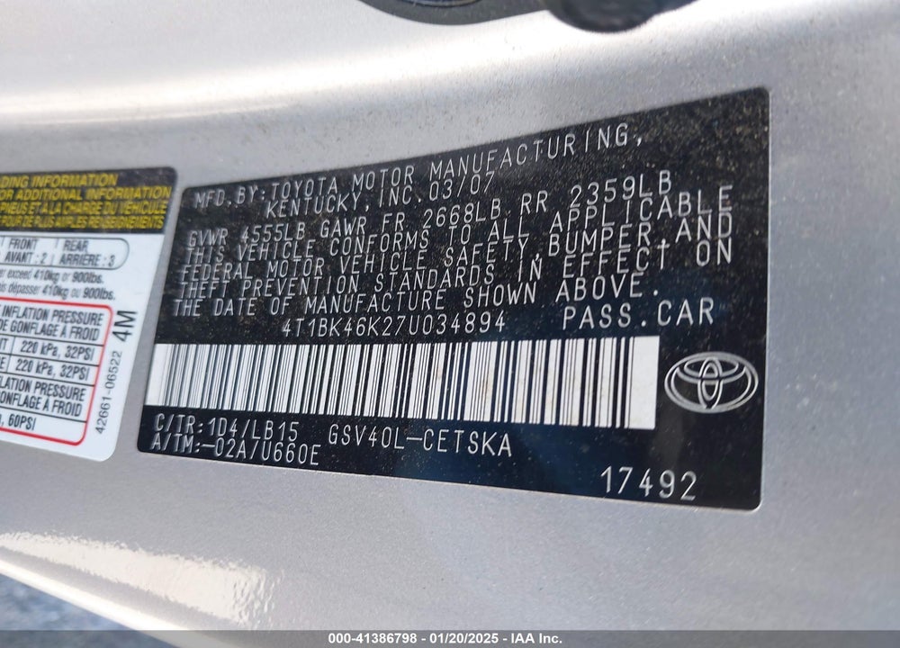 2007 TOYOTA CAMRY SE V6 VIN: 4T1BK46K27U034894