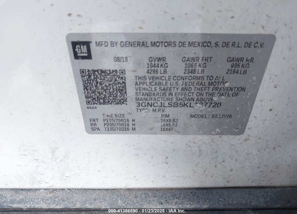 2019 CHEVROLET TRAX LT VIN: 3GNCJLSB5KL137720