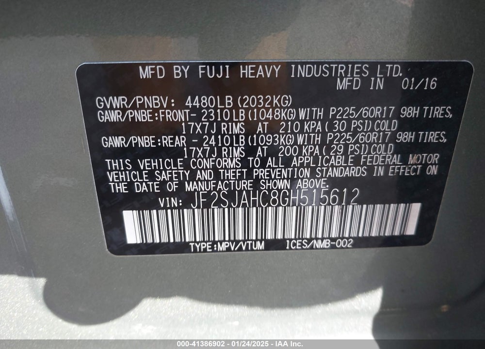 2016 SUBARU FORESTER 2.5I LIMITED VIN: JF2SJAHC8GH515612