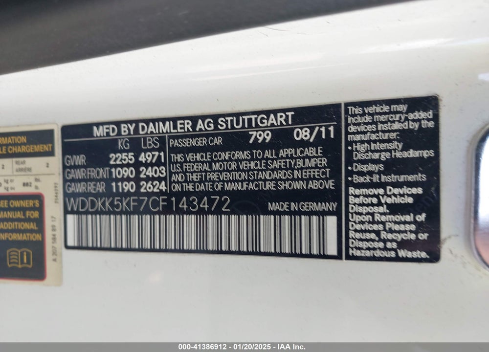 2012 MERCEDES-BENZ E 350 VIN: WDDKK5KF7CF143472