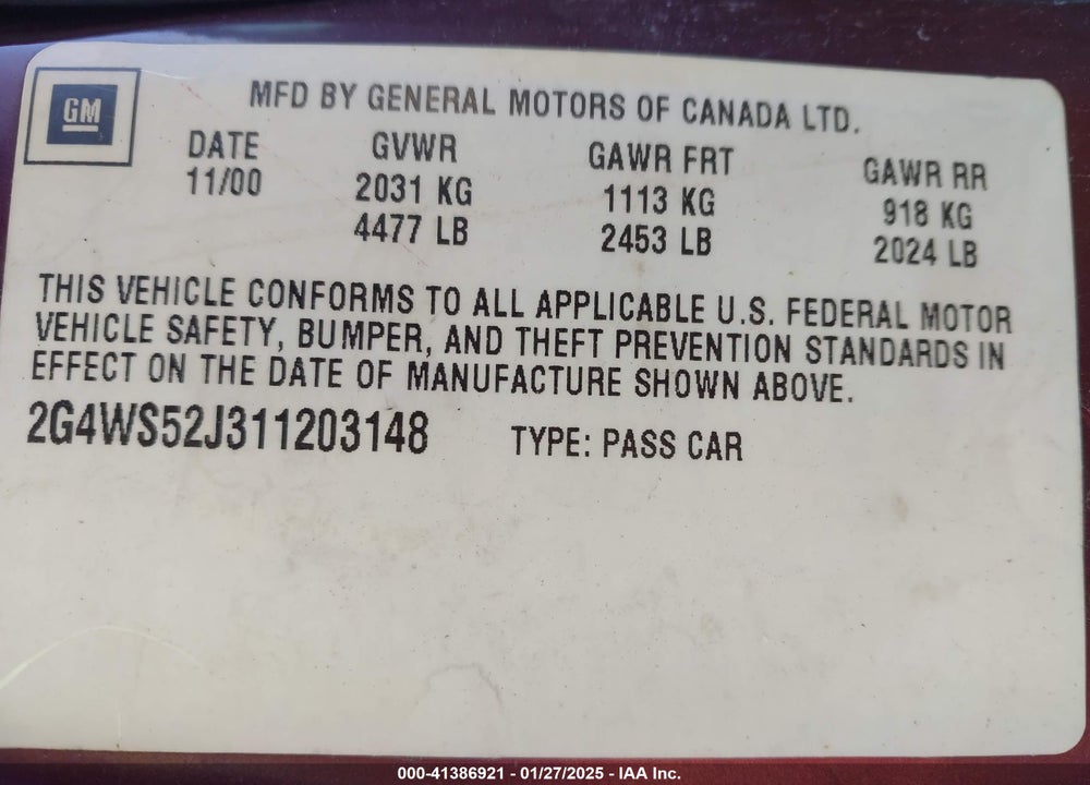 2001 BUICK CENTURY CUSTOM VIN: 2G4WS52J311203148