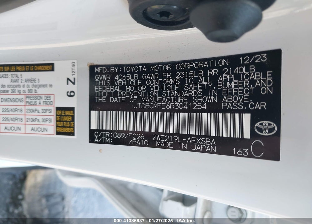2024 TOYOTA COROLLA VIN: JTDBCMFE6R3041254