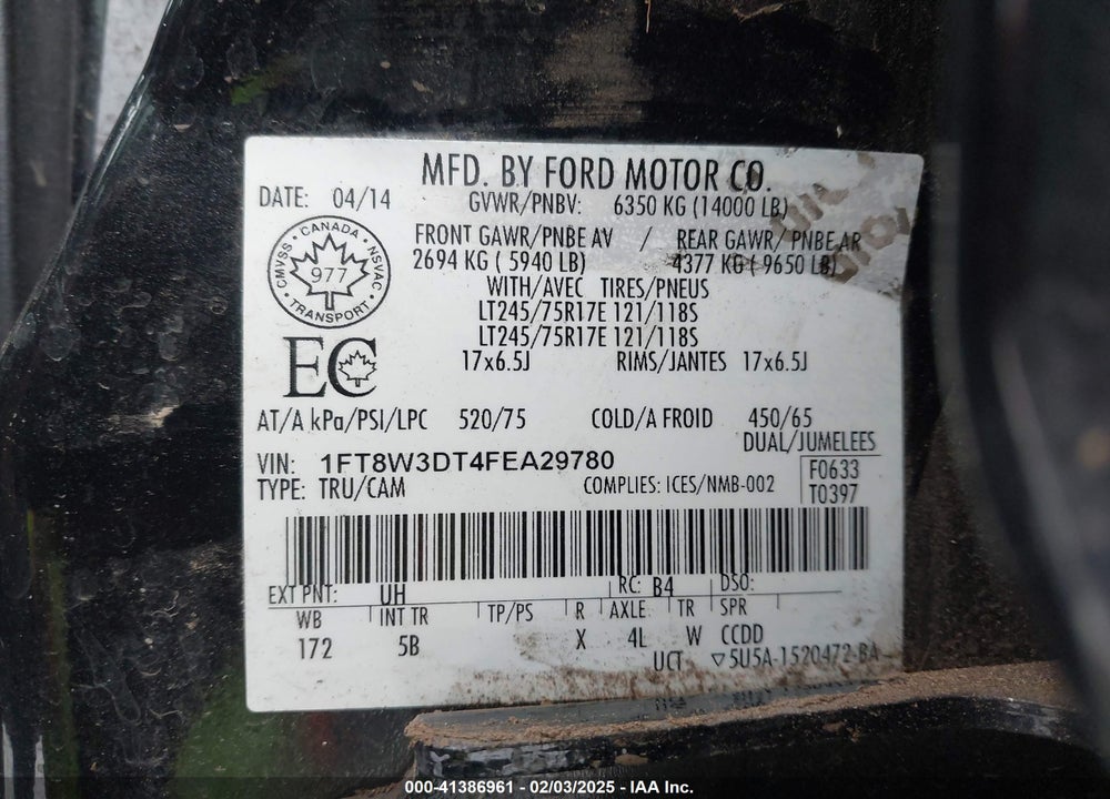 2015 FORD F-350 LARIAT VIN: 1FT8W3DT4FEA29780
