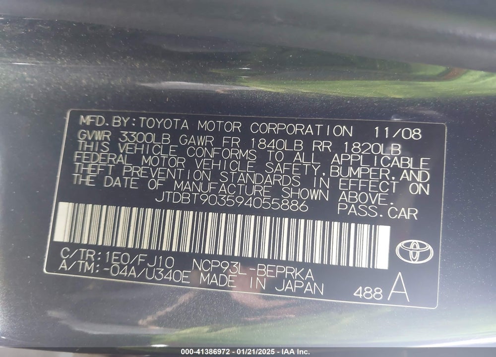 2009 TOYOTA YARIS VIN: JTDBT903594055886