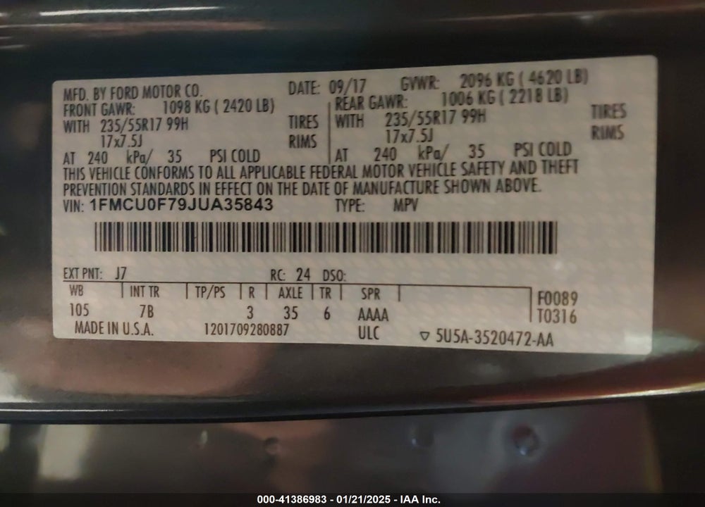 2018 FORD ESCAPE S VIN: 1FMCU0F79JUA35843