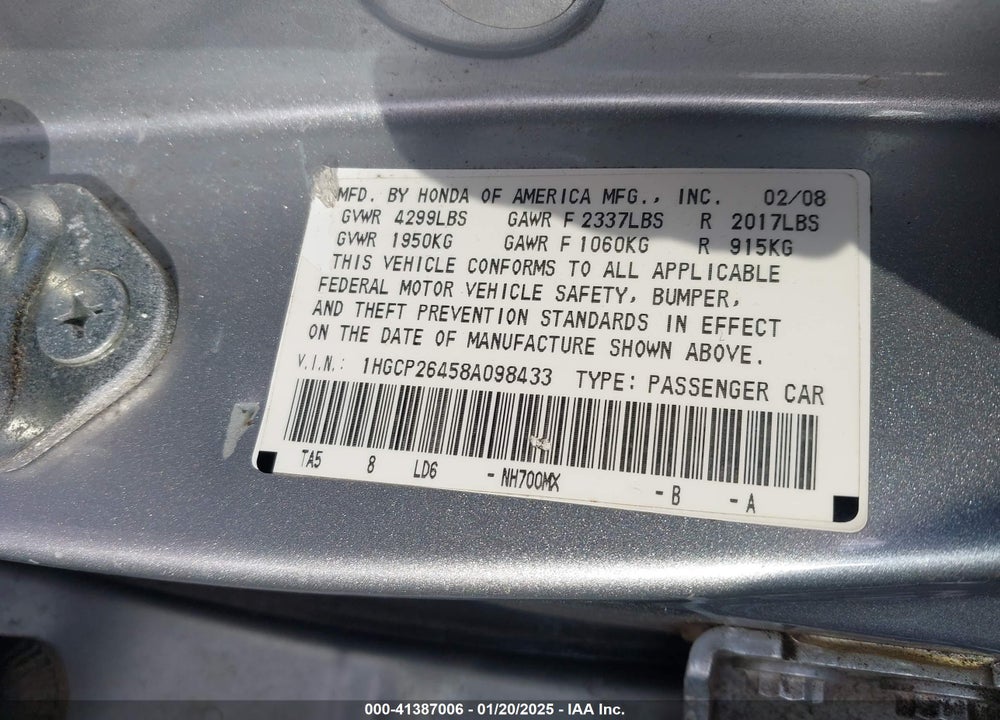 2008 HONDA ACCORD 2.4 LX-P VIN: 1HGCP26458A098433