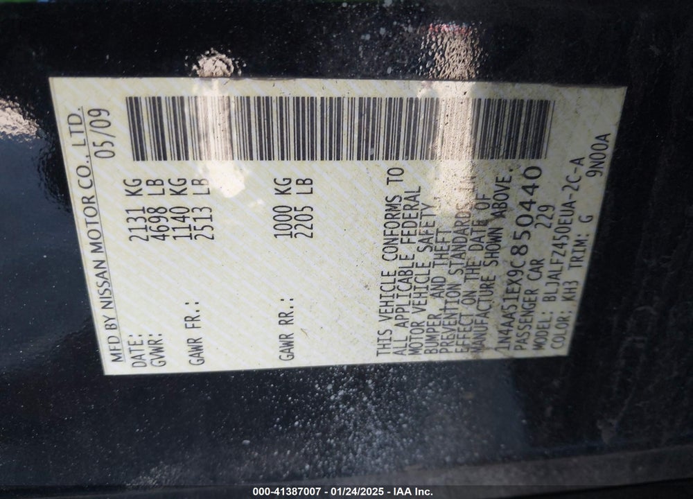2009 NISSAN MAXIMA 3.5 SV VIN: 1N4AA51EX9C850440